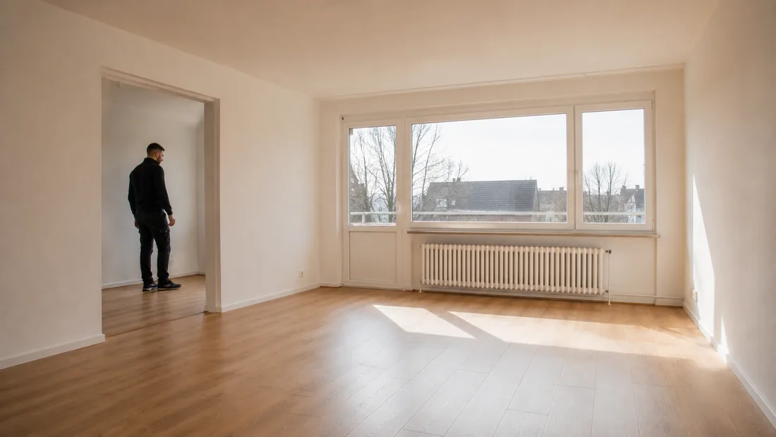 Leerer, besenrein übergebener Wohnraum mit Parkettboden und großer Fensterfront in Kiel.