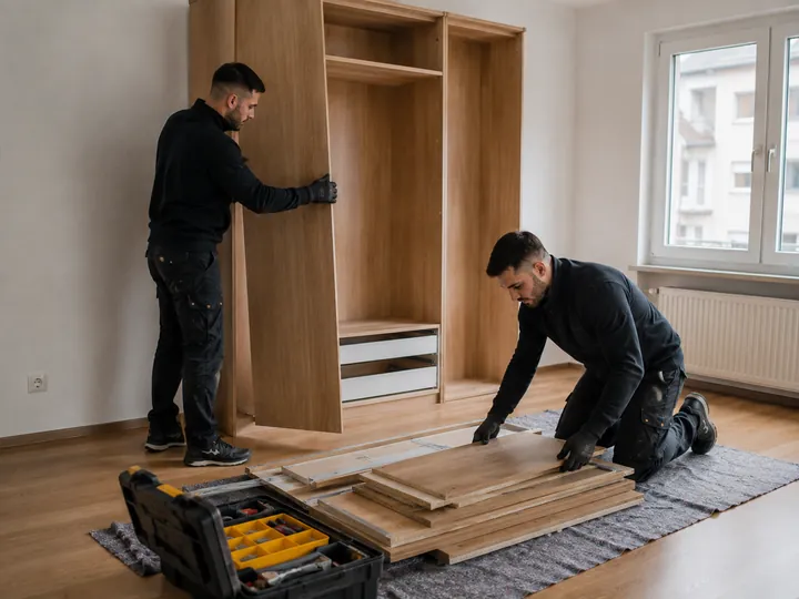 Zwei Mitarbeiter demontieren einen großen Kleiderschrank in einer leeren Wohnung.