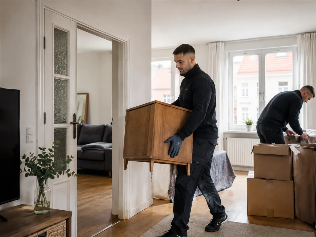 Zwei Mitarbeiter räumen eine helle Wohnung: Einer trägt eine Holzkommode hinaus, im Hintergrund werden Kartons gepackt.