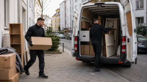 Ein Mitarbeiter trägt eine Kiste zum Transporter, ein zweiter verstaut demontierte Möbelteile im Laderaum.