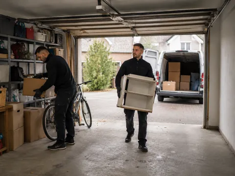 Mitarbeiter räumen Regal und Kartons aus einer Garage, dahinter ein beladener Transporter.
