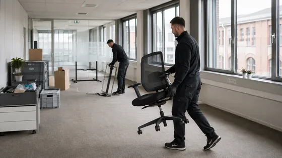 Mitarbeiter tragen einen Bürostuhl und demontierte Tischgestelle aus einer leeren Büroetage.