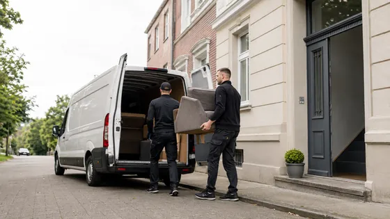 Zwei Mitarbeiter tragen ein Sofa aus einem Altbau zu einem weißen Transporter.