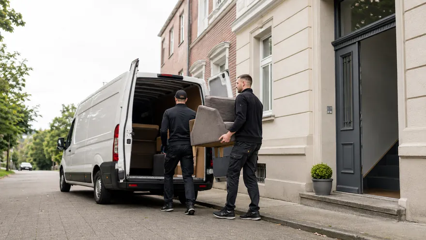 Zwei Mitarbeiter tragen bei einer Haushaltsauflösung in Kiel ein Sofa behutsam zum Transporter.