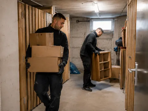 Mitarbeiter tragen Kartons und ein Regal durch einen Kellerflur mit Holzverschlägen.