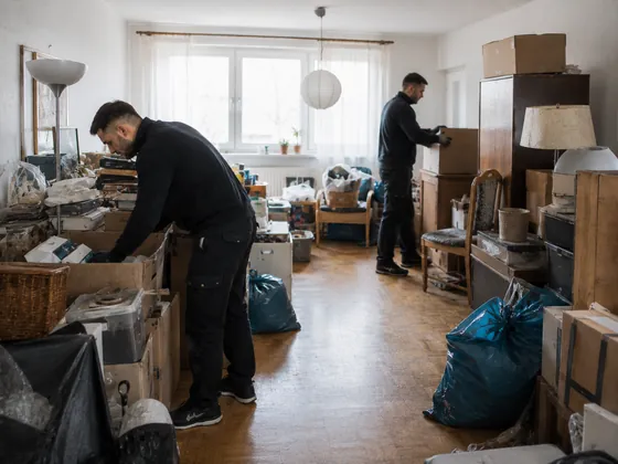 Zwei Mitarbeiter sortieren Kartons und Säcke in einer stark zugestellten Wohnung.