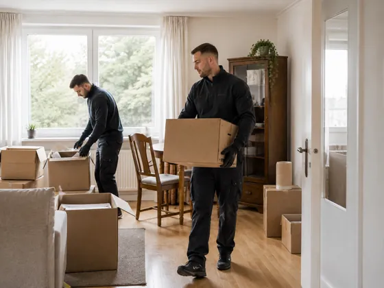 Zwei Mitarbeiter packen Umzugskartons in einem hellen Wohnzimmer.